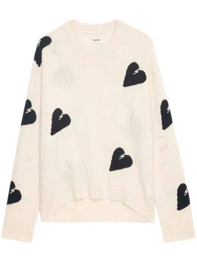 Zadig & Voltaire Markus Embellished Heart Cashmere Sweater In Ecru