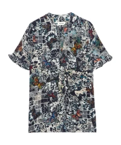 Zadig & Voltaire Womens Encre Butterfly-print Flutter-sleeve Woven Blouse In Gray