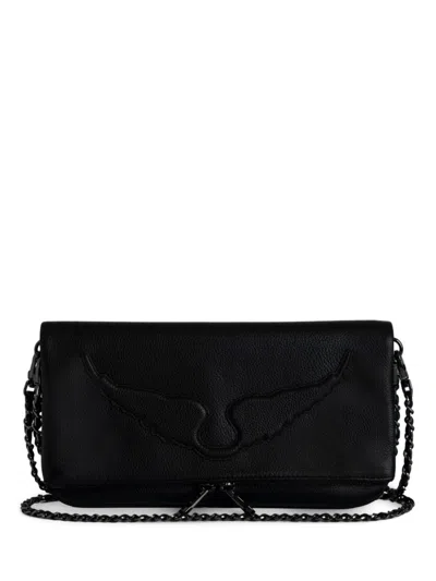 Zadig & Voltaire Rock Wings Grained Leather Clutch In Schwarz