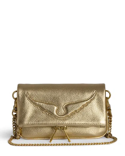 Zadig & Voltaire Rock Nano Wings Metallic Grain Leather Clutch In Gold