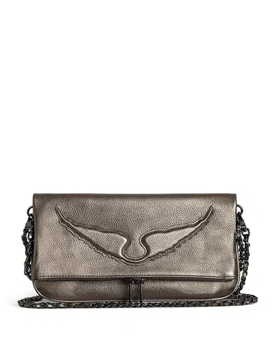 Zadig & Voltaire Rock Wings Metallic Grained Leather Clutch In Gun