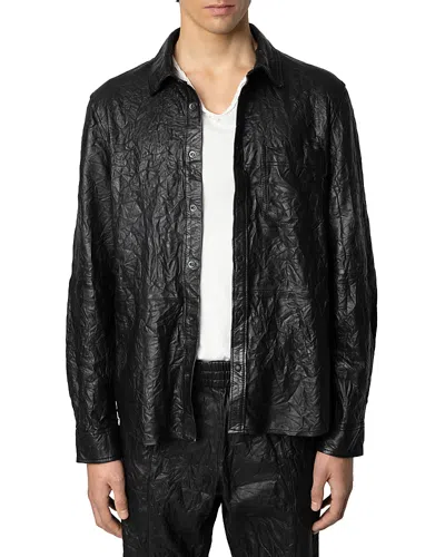 Zadig & Voltaire Serge Pocket Crinkle Leather Button Down Shirt In Noir