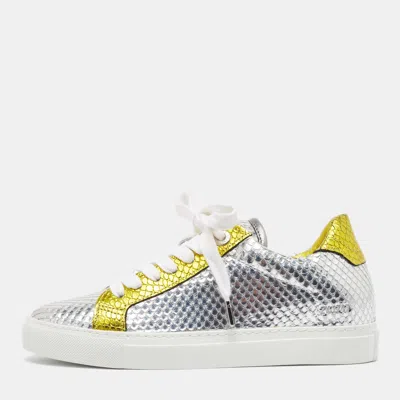 Pre-owned Zadig & Voltaire Silver/gold Python Embossed Leather Low Top Trainers Size 36