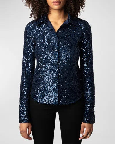 Zadig & Voltaire Tawny Sequined Button-front Top In Encre