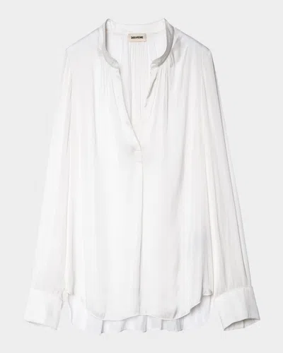 Zadig & Voltaire Tink V-neck Satin Long-sleeve Blouse In White