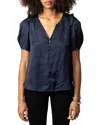 Zadig & Voltaire Twity Split Neck Pleated Satin Top In Sailor