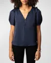 Zadig & Voltaire Twity Split Neck Pleated Satin Top In Sailor