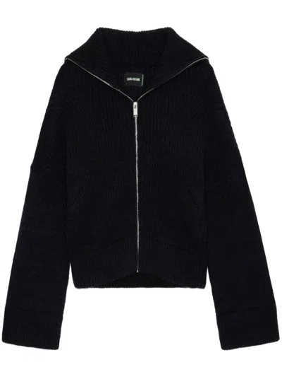 ZADIG & VOLTAIRE WOMEN'S ATTILA NAVY ZIP SWAN NECK CARDIGAN
