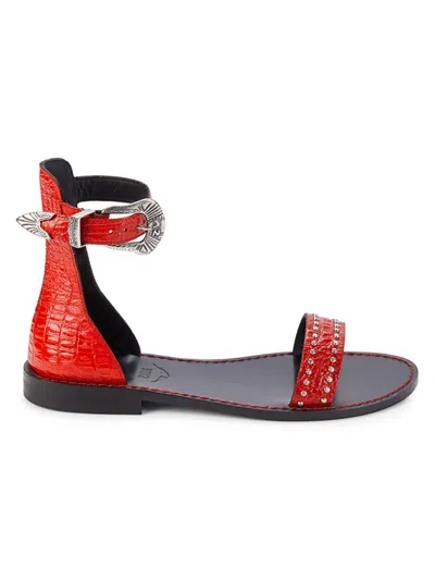Zadig & Voltaire Women's Ever Alta Croc Embossed Leather Ankle Loop Flat Sandals In Red