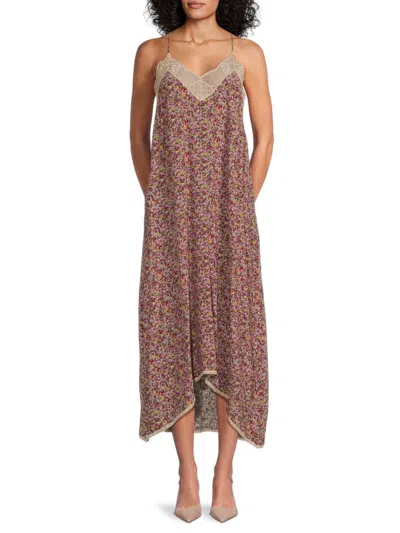 Zadig & Voltaire Women's Printed Lace Trim Midi Dress In Rose