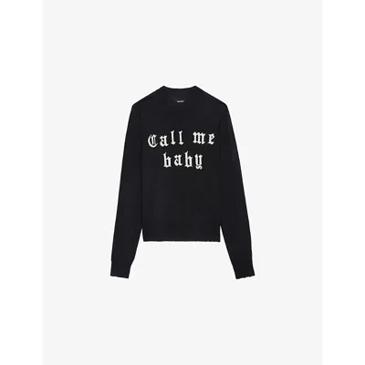 ZADIG & VOLTAIRE WOMENS ANTHRACITE IVY TEXT-LOGO INTARSIA MERINO-WOOL JUMPER XS