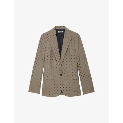 ZADIG & VOLTAIRE WOMENS CAMEL VALSE CHECK AND POLKA DOT-PATTERN WOVEN BLAZER