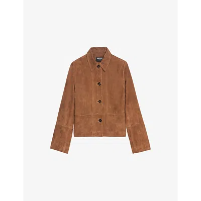 ZADIG & VOLTAIRE WOMENS COGNAC LESSA EMBOSSED-LOGO SUEDE JACKET XS