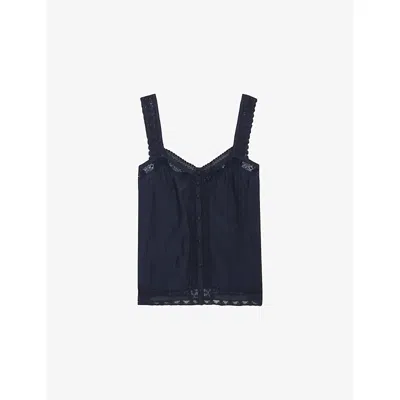 Zadig & Voltaire Womens Encre V-neck Lace-trim Woven Top Xs In Encre