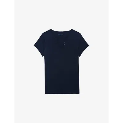 Zadig & Voltaire Womens V-neck Rhinestone-embellished Cotton-jersey T-shirt Encre