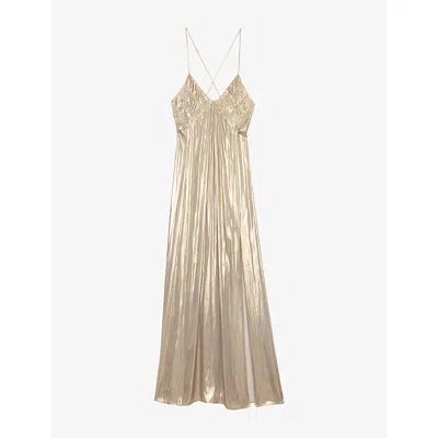 Zadig & Voltaire Womens Pleated Sleeveless Satin Maxi Dress Gold