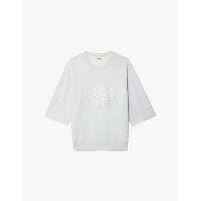 ZADIG & VOLTAIRE WOMENS GRIS CHINE CLAI EDMOND RHINESTONE-EMBELLISHED THREE-QUARTER SLEEVE COTTON SWEATSHIRT