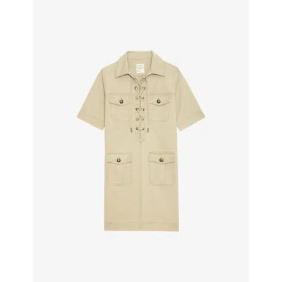ZADIG & VOLTAIRE WOMENS LATTE RECORD LACE-UP SHORT-SLEEVE COTTON MINI DRESS
