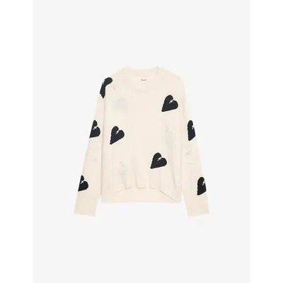 ZADIG & VOLTAIRE WOMENS ECRU MARKUS HEART-INTARSIA CASHMERE JUMPER XS