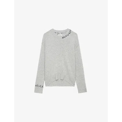 Zadig & Voltaire Womens Markus Text-embroidered Cashmere Jumper Gris Chine Clai In Grey