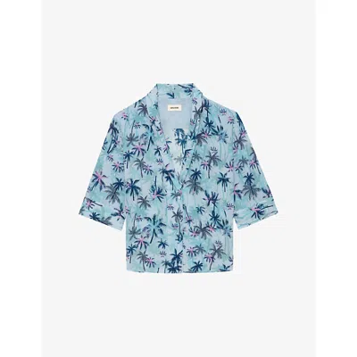 Zadig & Voltaire Womens Palm-print Short-sleeved Silk Shirt Mist Xs In Multi