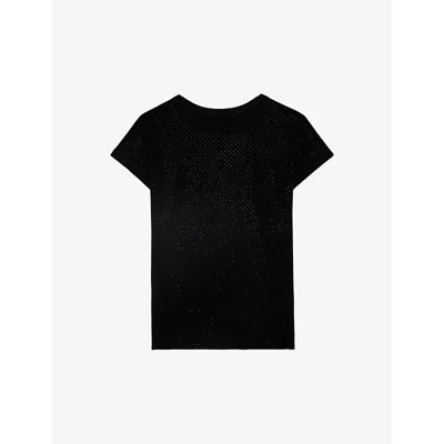 Zadig & Voltaire Womens Noir Cecilia Rhinestone-embellished Organic-cotton Top