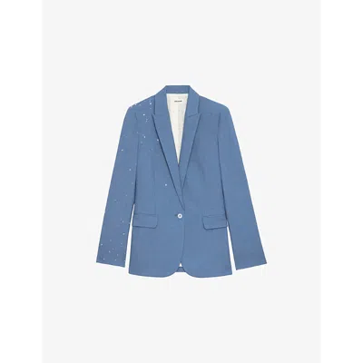 ZADIG & VOLTAIRE WOMENS VALSE RHINESTONE-EMBELLISHED SINGLE-BREASTED STRETCH-WOVEN BLAZER SURF