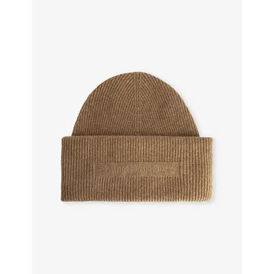 ZADIG & VOLTAIRE WOMENS COGNAC BEN BRAND-EMBROIDERED CASHMERE BEAN