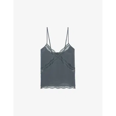 Zadig & Voltaire Womens Cishi Lace-embroidered Silk Cami Top Vert De Gris In Grey