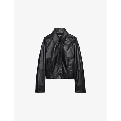 ZADIG & VOLTAIRE WOMENS BLACK COLLAR FLAP-POCKET REGULAR-FIT LEATHER JACKET
