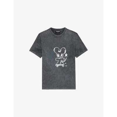 Zadig & Voltaire Womens Edwin Mouse-print Cotton T-shirt Carbone