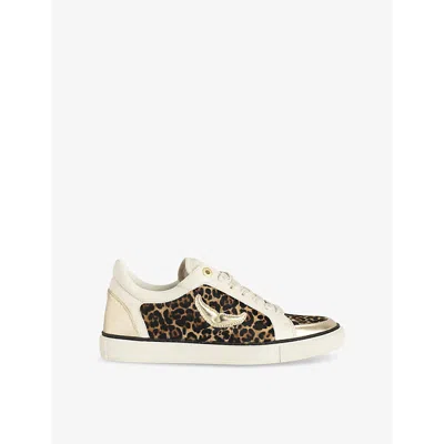 Zadig & Voltaire Womens Fly On Leopard-print Leather Low-top Trainers Heritag In Heritage