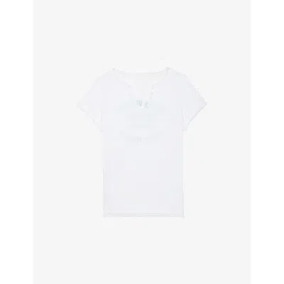 Zadig & Voltaire Womens Graphic-print V-neck Cotton T-shirt White