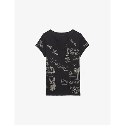 Zadig & Voltaire Womens Henley Short-sleeve Cotton-jersey T-shirt Black