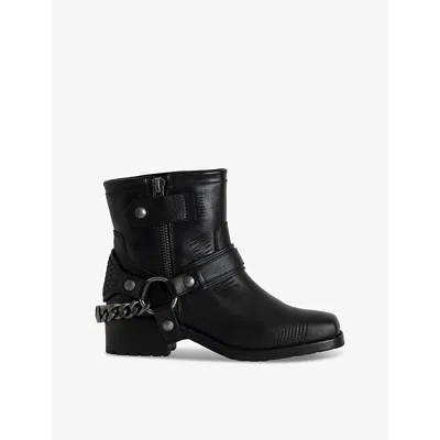 ZADIG & VOLTAIRE WOMENS NOIR IGATA CHAIN-EMBELLISHED LEATHER ANKLE BOOTS EUR 37 / 4 UK