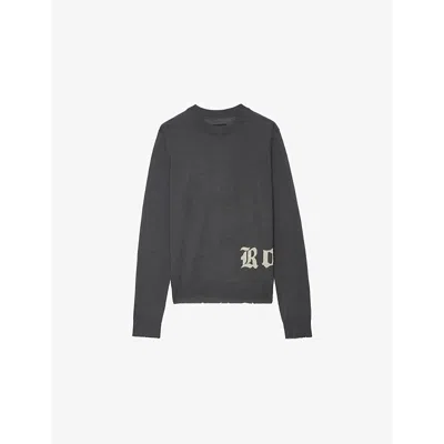 Zadig & Voltaire Womens Ivy Text-logo Intarsia Merino-wool Jumper Anthracite