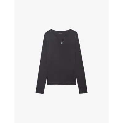 ZADIG & VOLTAIRE WOMENS CARBONE NOTCH-NECK LONG-SLEEVED COTTON-JERSEY T-SHIRT