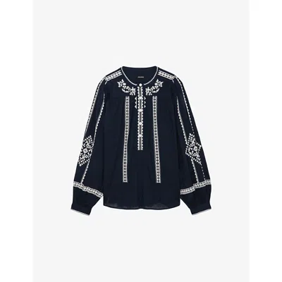 Zadig & Voltaire Womens Encre Tigy Floral-embroidered Cotton Blouse In Blue