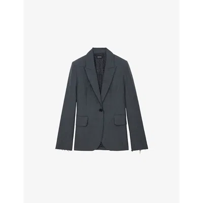 ZADIG & VOLTAIRE WOMENS VAVY RAW-EDGE SINGLE-BREASTED WOOL-BLEND BLAZER GRIS CHINE