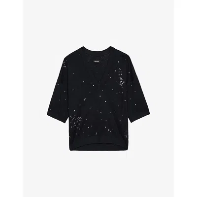 Zadig & Voltaire Womens Ecru Wully Rhinestone Knitted Top In Black