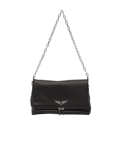 Zadig & Voltaire Zadig  Voltaire Embellished Logo Foldover Shoulder Bag In Black