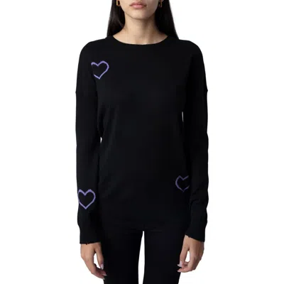 Zadig & Voltaire Gaby Intarsia Heart Wool Crewneck Sweater In Black