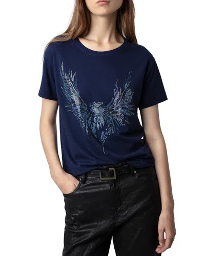 Zadig & Voltaire Marta Eagle Strass Linen-blend Shirt In Blue