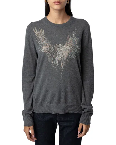Zadig & Voltaire Miss Crystal Eagle Graphic Cashmere Sweater In Charcoal