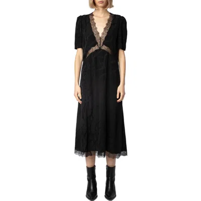 Zadig & Voltaire Redox Jac Chaines Lace Trim Silk Dress In Noir