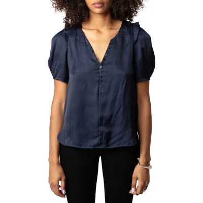 Zadig & Voltaire Twity Split Neck Pleated Satin Top In Sailor