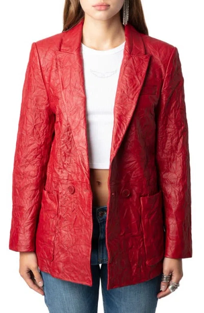 Zadig & Voltaire Visko Cuir Froisse Leather Blazer In Burgundy