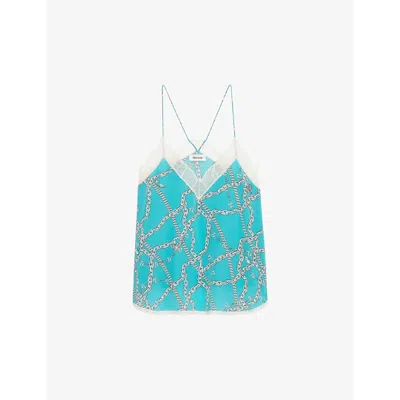 Zadig & Voltaire Zadig&voltaire Women's Aqua Christy Chain-print Lace-embroidered Silk Cami