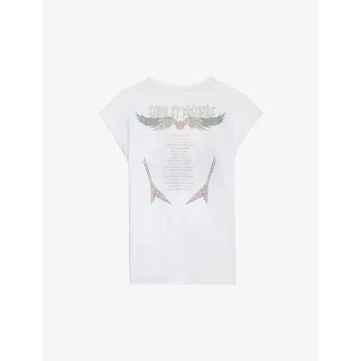Zadig & Voltaire Zadig&voltaire Women's Blanc Cecilia Diamanté-embellished Drop-sleeve Organic-cotton T-shirt
