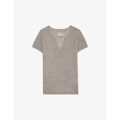 Zadig & Voltaire Womens Latte Celsy Five-buttoned Cashmere T-shirt